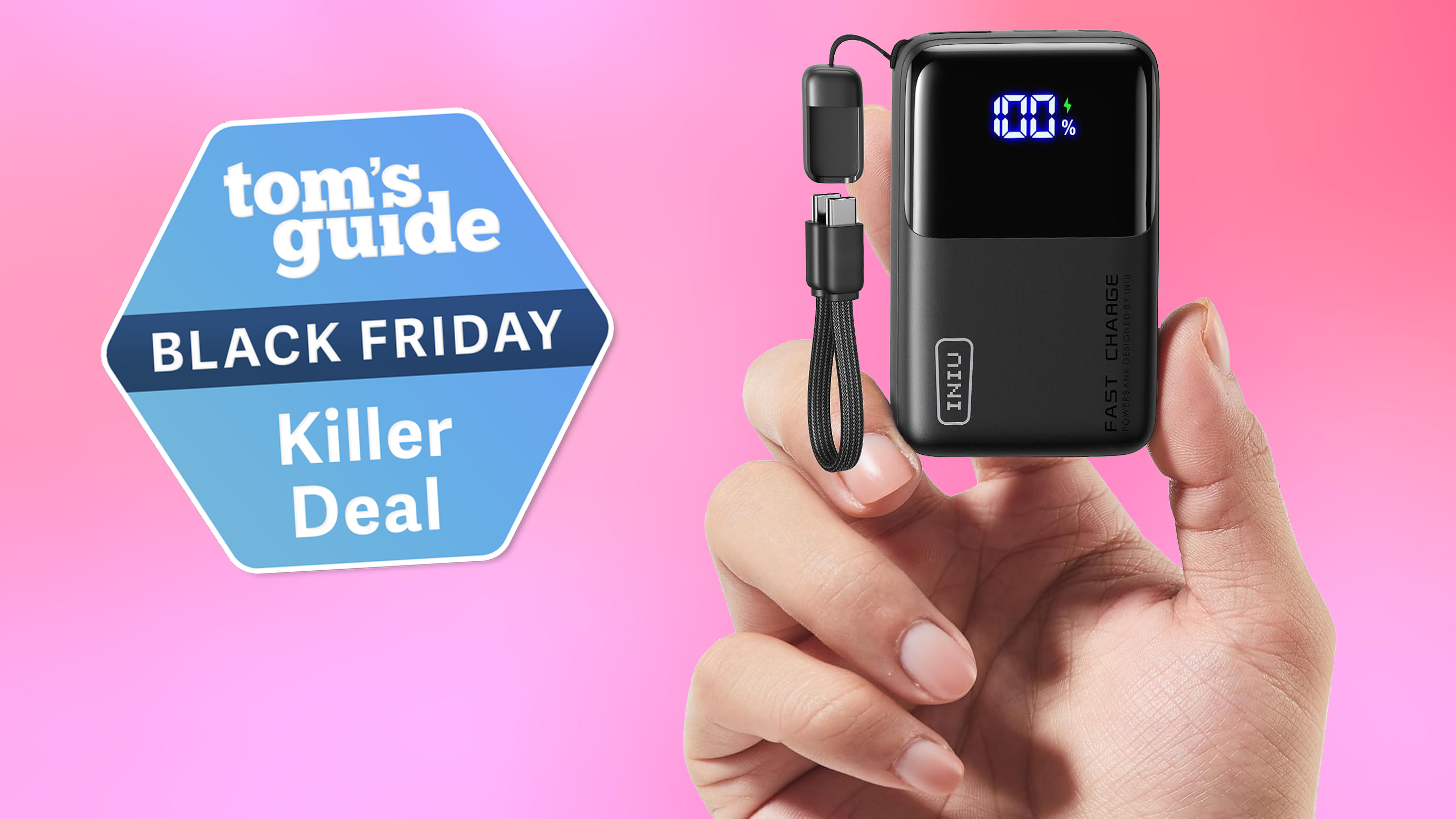 The Iniu Pocket Rocket portable charger in hand, against a pink background, with a Tom's Guide deal badge on the left of the image.