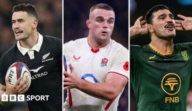 New Zealand's Will Jordan, England's Ben Earl and South Africa's Damian de Allende