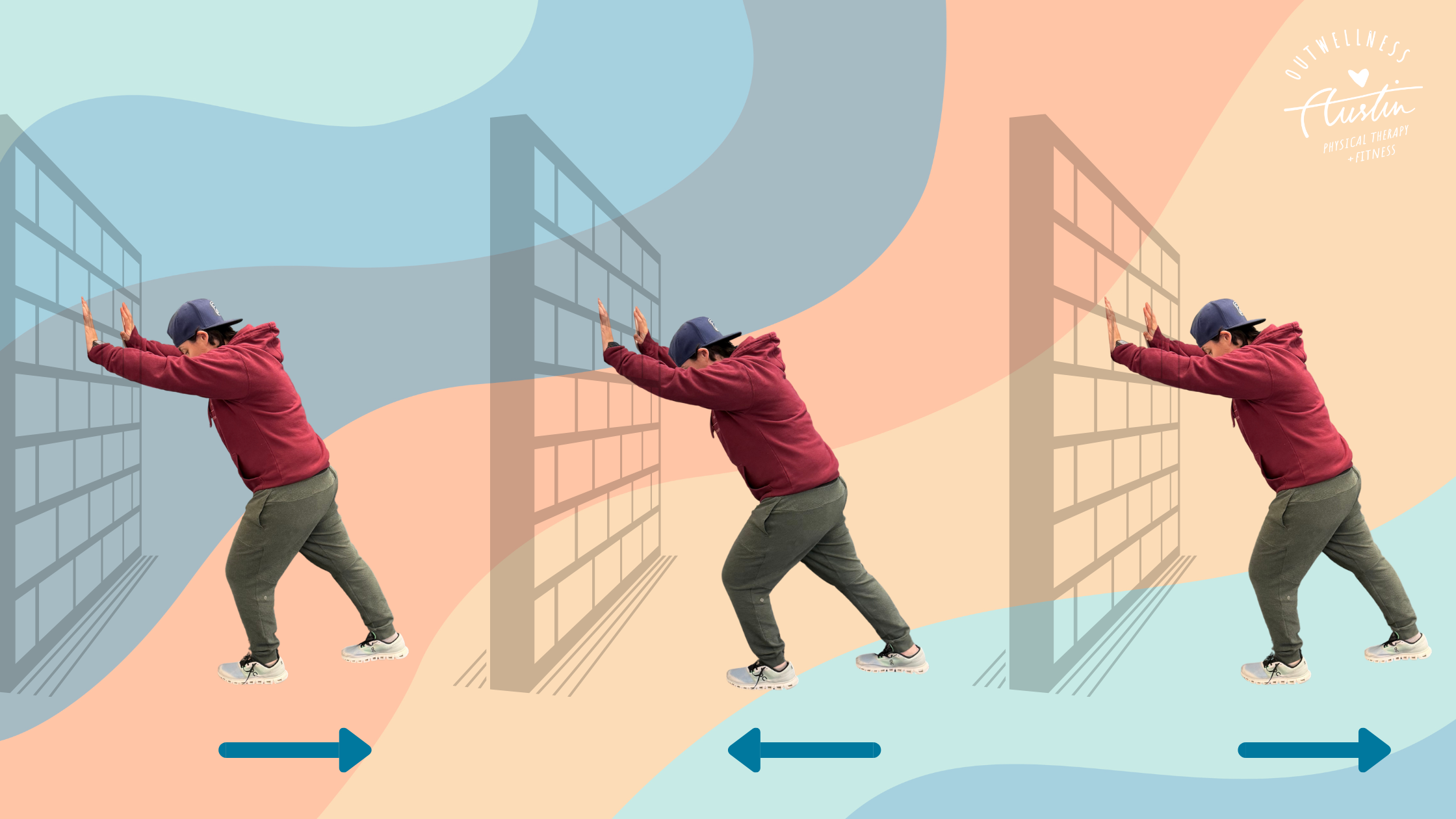 Composite image showing person demonstrating a dynamic calf stretch against a graphic background