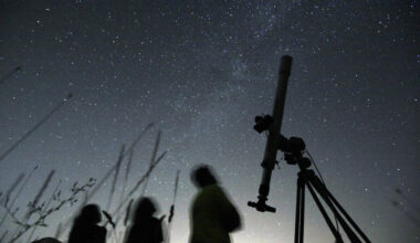 People look up to the sky at an observatory. (Petar Petrov/AP)