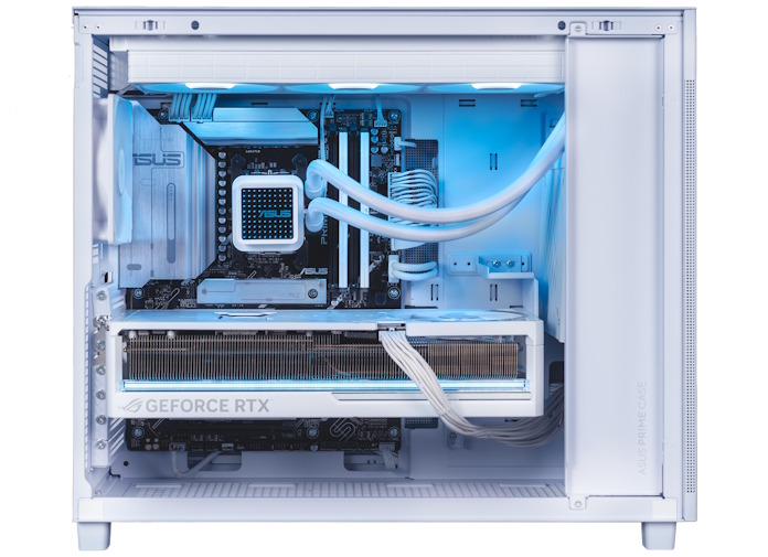 The interior of this PC case, complete with gaming PC components 