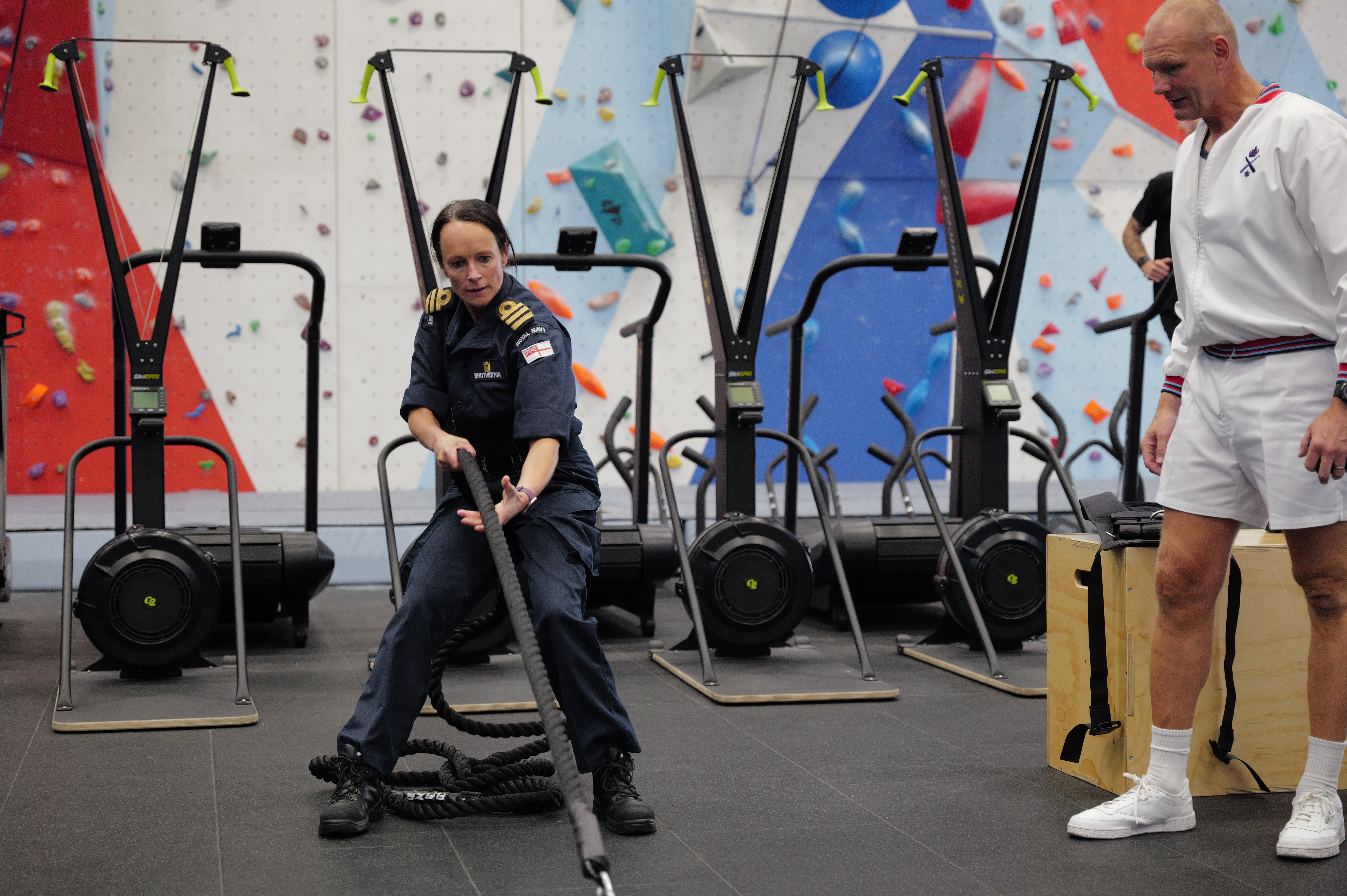 Commander Serena Brotherton completes the rope pull during the Royal Navy's new PES test