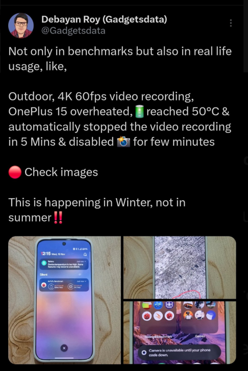 A Twitter post by Debayan Roy (@Gadgetsdata) showing a OnePlus 15 smartphone with temperature warnings and the message 'Camera is unavailable until your phone cools down.'