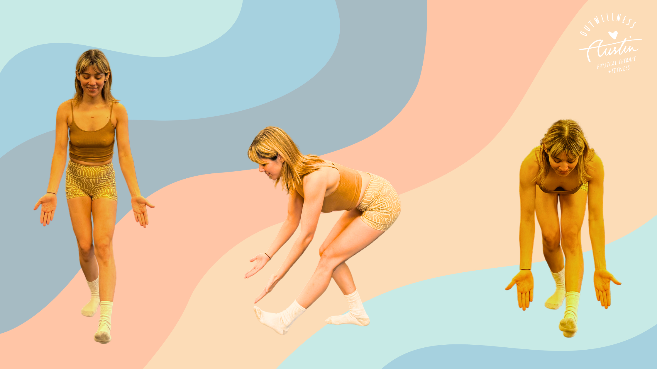 Composite image showing person demonstrating a hamstring stretch from different angles against a graphic background