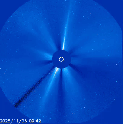 gif animation of the sun, with a large CME billowing into space like a large white cloud.