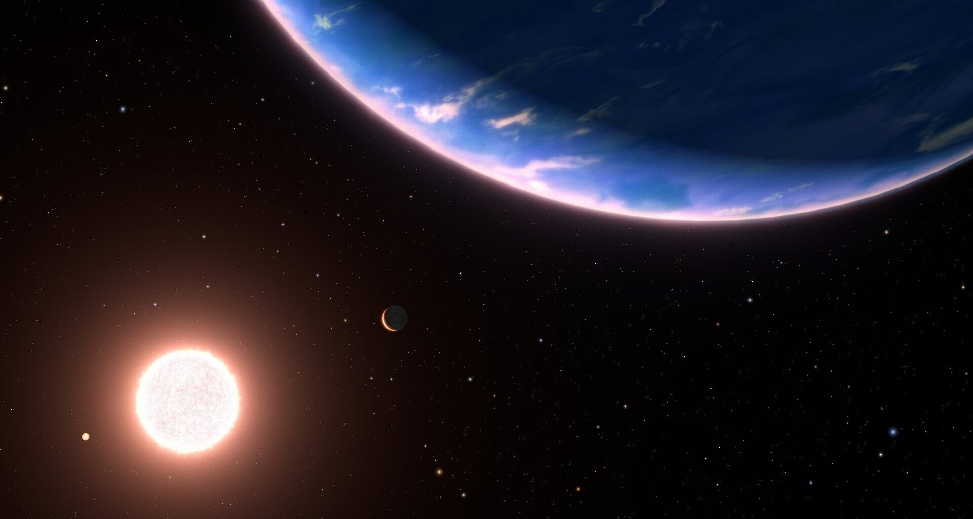 Artist's concept of exoplanet GJ 9237d, with a noticeable pink haze to it. Credit - NASA, ESA, Leah Hustak and Ralf Crawford (STScI)