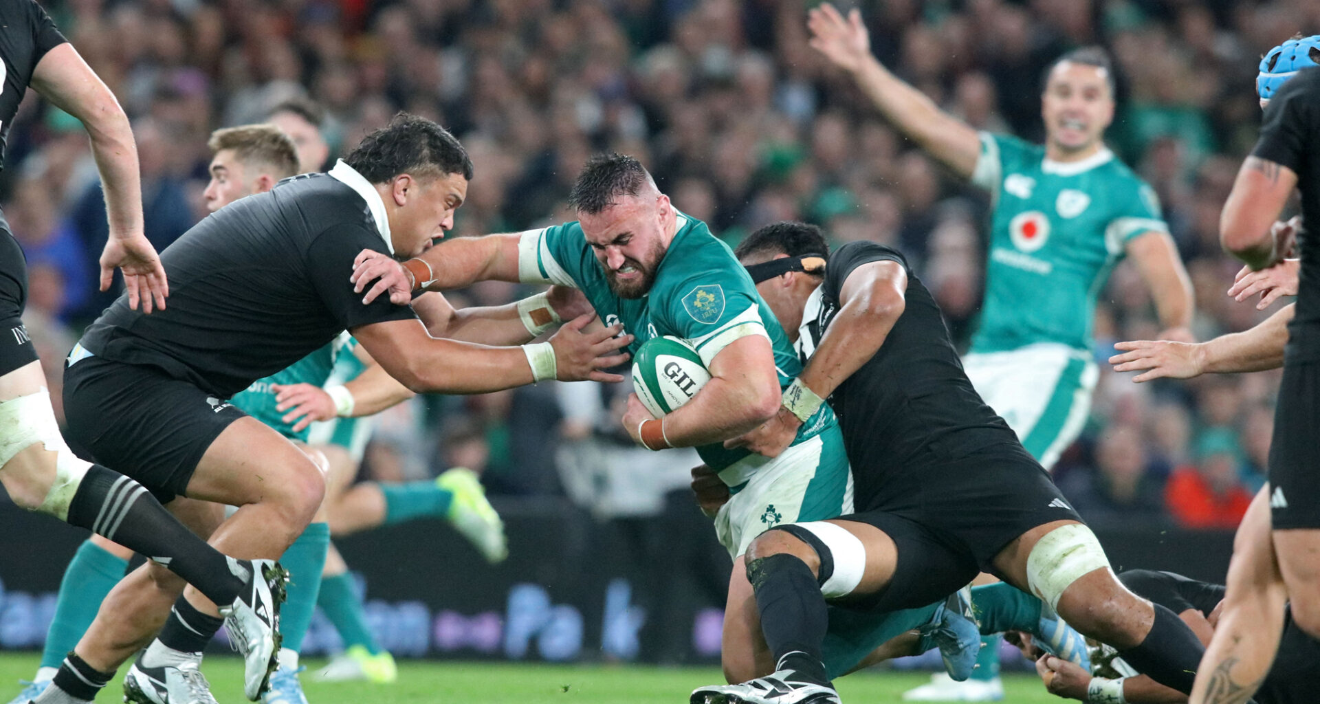 Ireland’s Ronan Kelleher takes the ball into contact during the 2024 Autumn International against New Zealand.