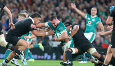 Ireland’s Ronan Kelleher takes the ball into contact during the 2024 Autumn International against New Zealand.
