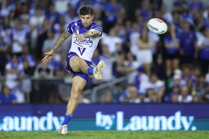 SYDNEY, AUSTRALIA - MARCH 16: Toby Sexton of the Bulldogs kicks during the round two NRL match between Canterbury Bulldogs and Gold Coast Titans at Belmore Sports Ground, on March 16, 2025, in Sydney, Australia. (Photo by Jeremy Ng/Getty Images)