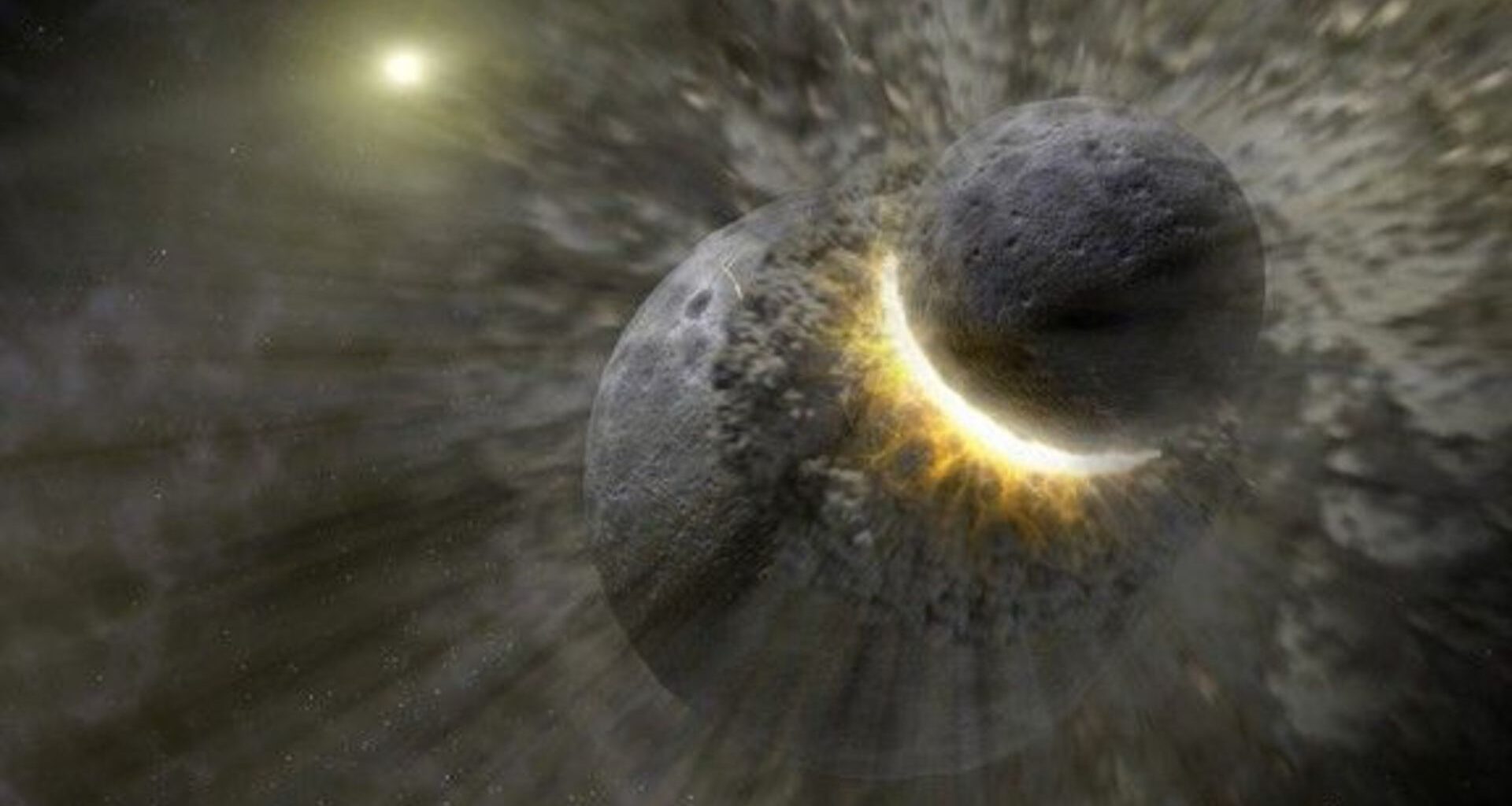 An illustration of a large gray planet slamming into another gray planet in space, with waves of energy spread out from the impact