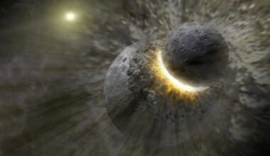 An illustration of a large gray planet slamming into another gray planet in space, with waves of energy spread out from the impact
