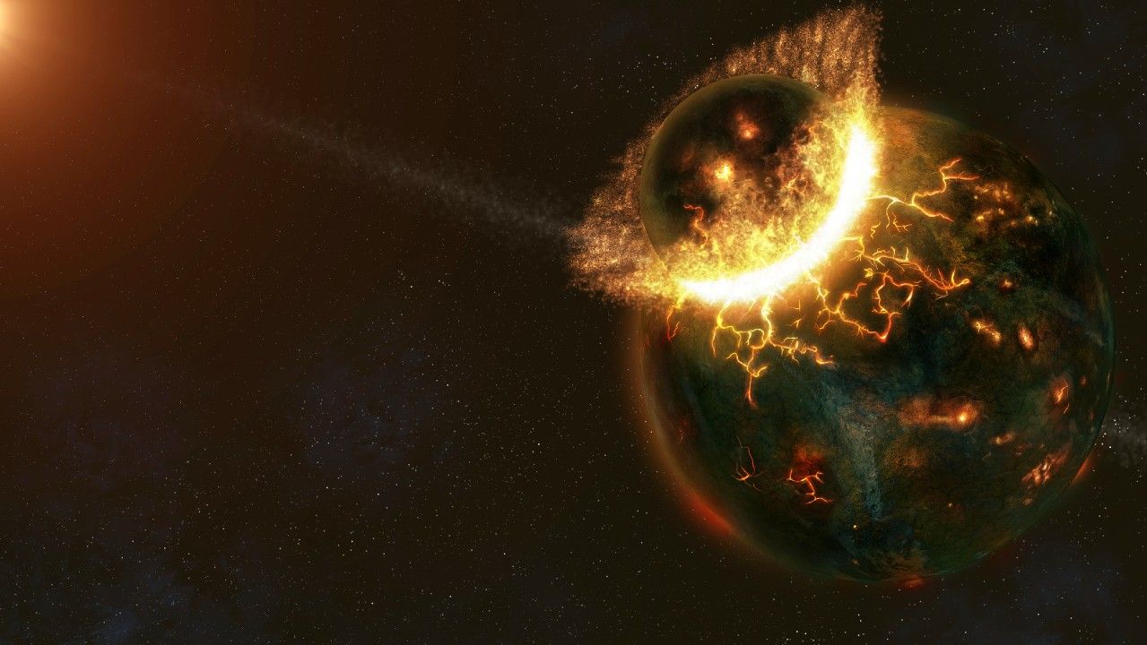 An illustration depicting two dark planets colliding with fire and lava spewing out.