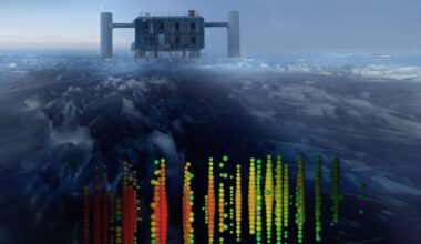 The IceCube facility sits at the South Pole above an array of photodetectors, drawn into the image above. Credit: IceCube Collaboration/U. Wisconsin/NSF