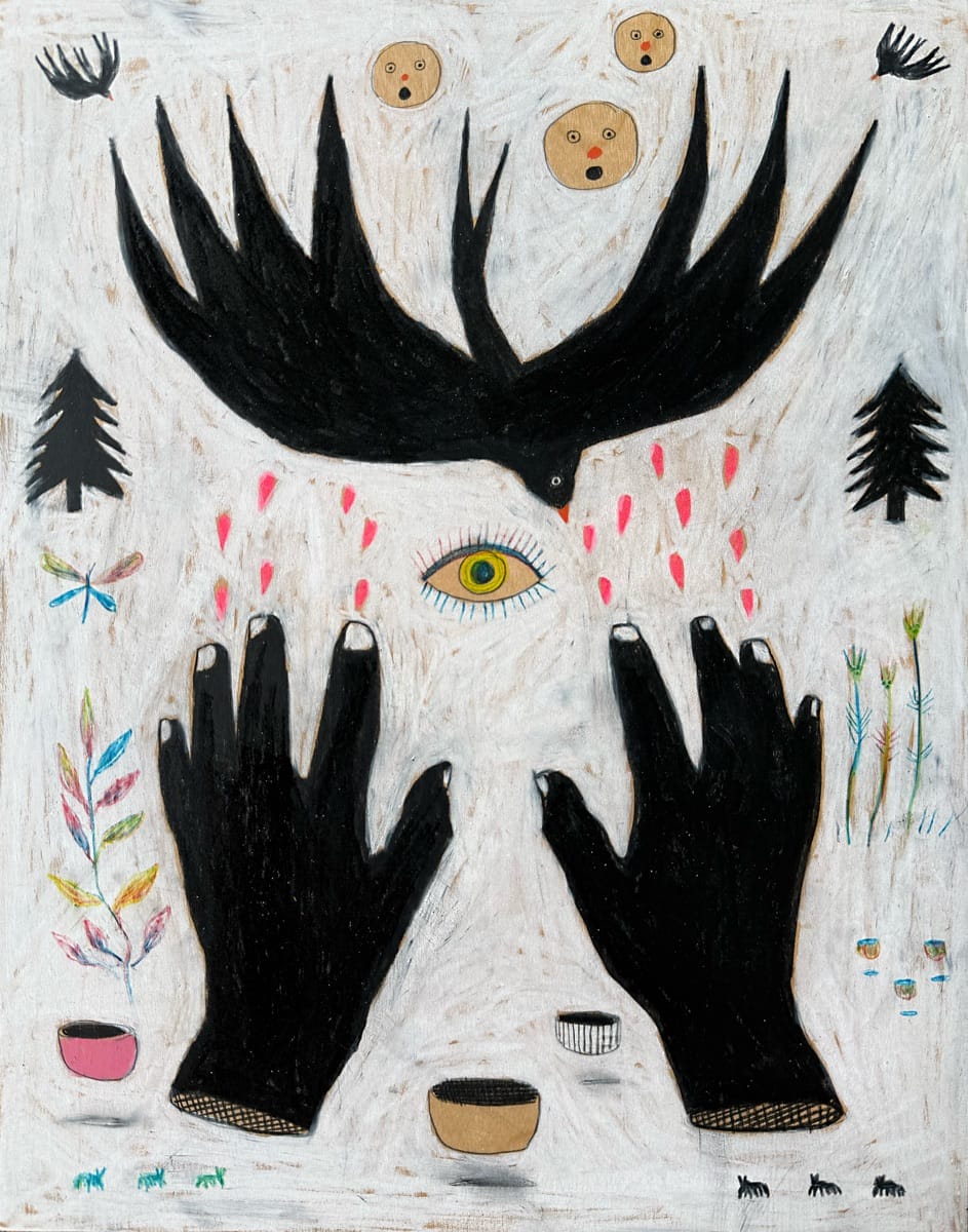 a piece by Michael McGrath with hands and a bird in the center, with smaller eyes and faces around