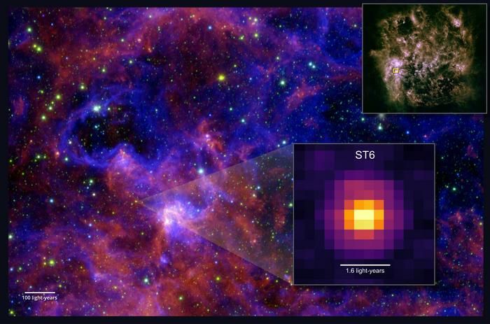 A blue and red cloud in space with spots for stars with two box outs on the right, the top one showing a green and brown molecule and the bottom showing a pixelated target shape with purple and yellow colors