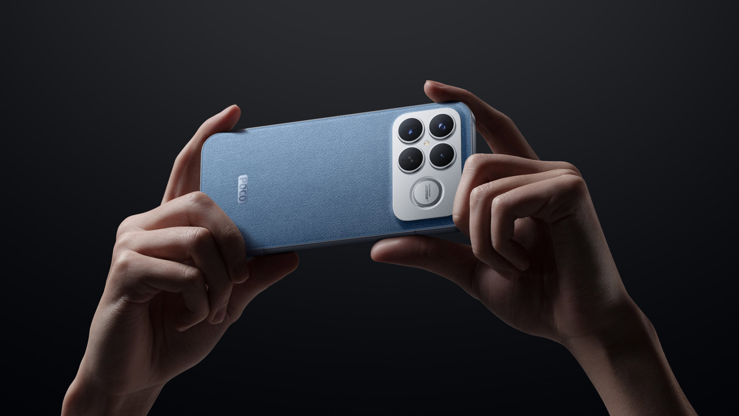 POCO F8 Ultra blue denim variant in hand official POCO F8 Ultra blue denim variant in hand official