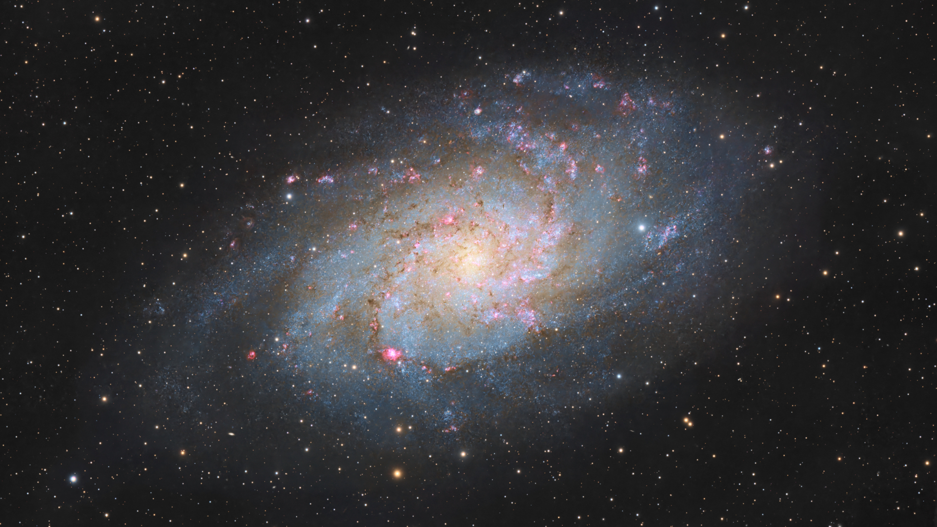 A large spiral galaxy with sweeping spiral arms and a glowing core shines against a sea of stars.