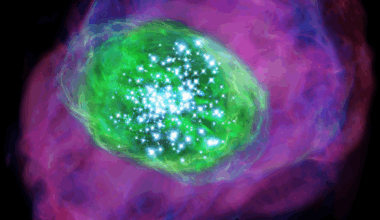A swirl of green light around a series of white dots shows a young galaxy, with purple around the green lit bubble