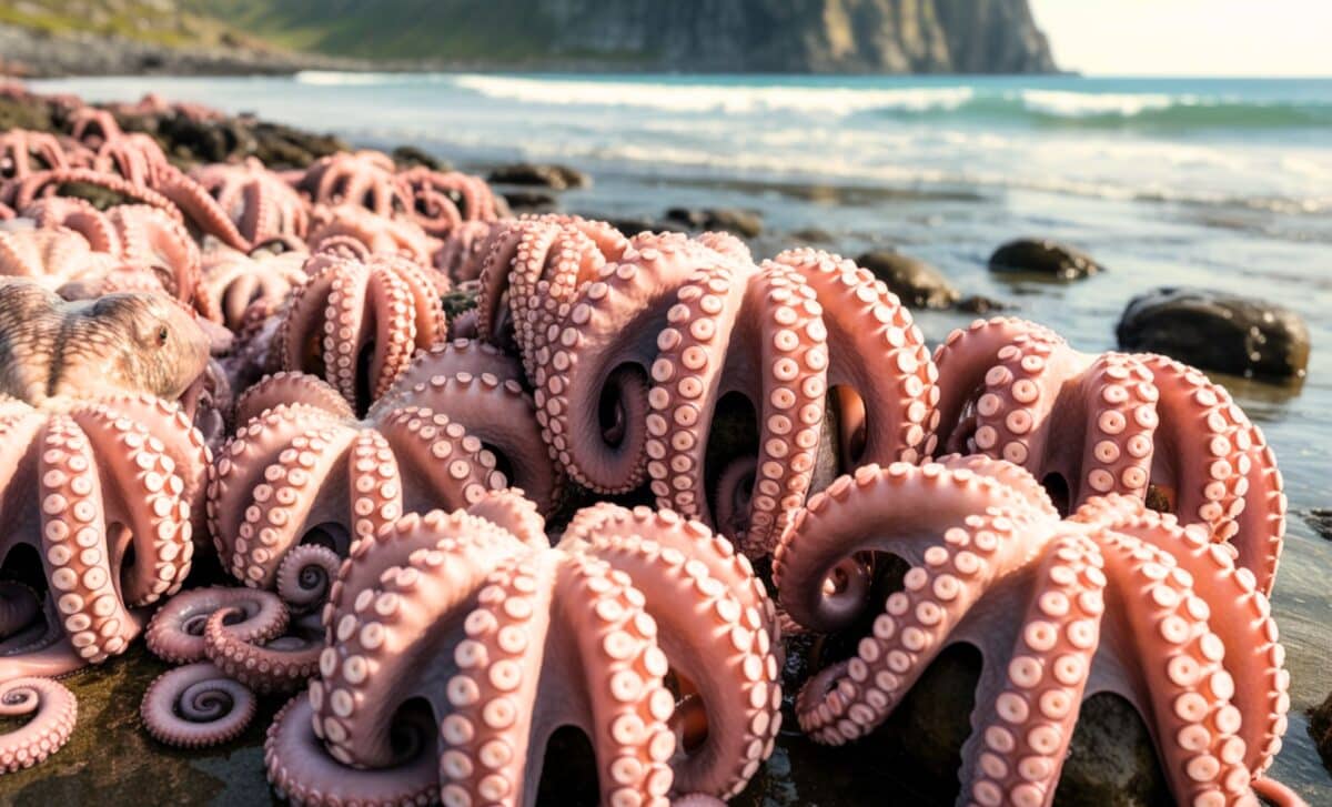 Several Octopuses Gathered On The Shore Of A Rocky Beach