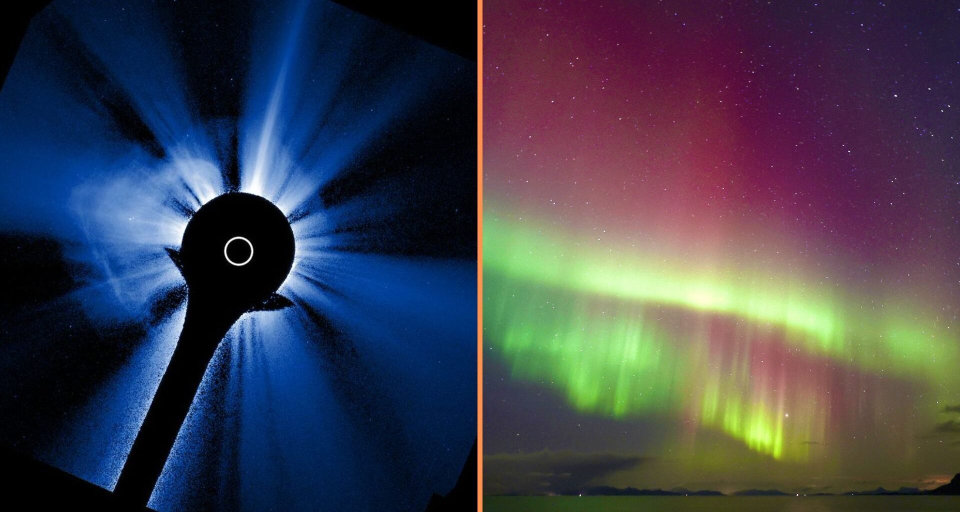 two panel image showing the cme that left the sun on Nov 5 that is currently heading for Earth and on the right is a vivid northern lights display.