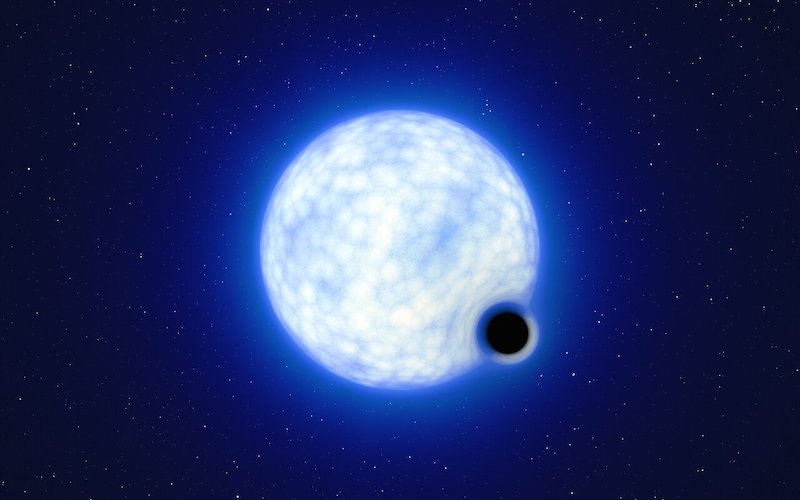 Small black hole: Large glowing white globe with a smaller black orb next to it.