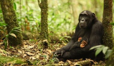 a chimp with a sleeping infant in the jungle