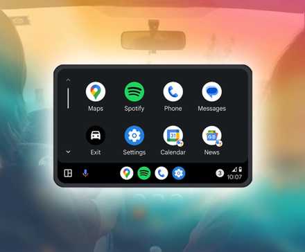 Android Auto Home Screen with apps overlayed on background with blurred car interior