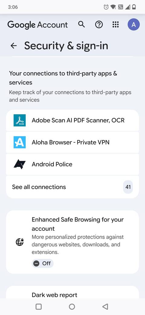 Screeenshot showing connections to third party apps and services on Android
