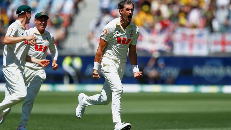 Australia's Mitchell Starc celebrates the wicket of England's Zak Crawley during the first Ashes cricket test match between Australia and England in Perth