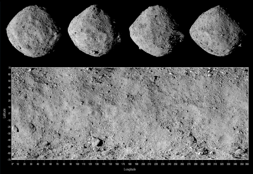 These images, taken by the OSIRIS-REx spacecraft’s PolyCam camera in 2018, show four views of asteroid Bennu along with a global mosaic.