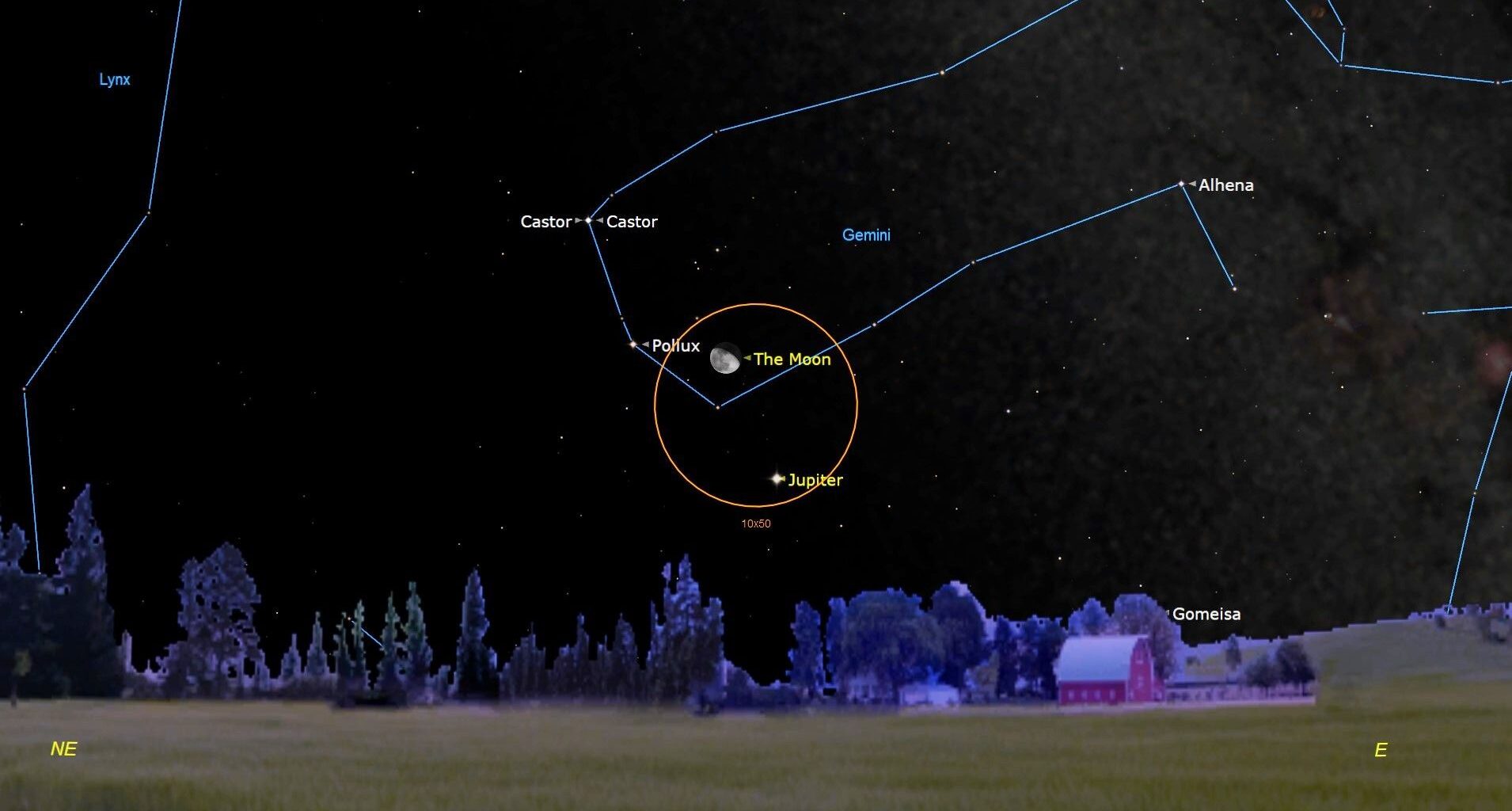 A star map showing an orange circle with the moon and Jupiter near each other enclosed within the circle