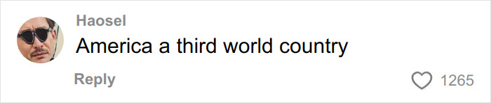 Comment saying America a third world country with profile picture of a man wearing sunglasses and 1265 likes. Comment saying America a third world country with profile picture of a man wearing sunglasses and 1265 likes.
