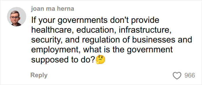 Screenshot of a social media comment questioning the role of government in providing healthcare, infrastructure, and security. Screenshot of a social media comment questioning the role of government in providing healthcare, infrastructure, and security.