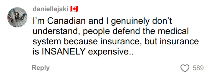 Comment from Canadian user discussing how people defend expensive insurance in the medical system, related to pay for ambulance rides. Comment from Canadian user discussing how people defend expensive insurance in the medical system, related to pay for ambulance rides.