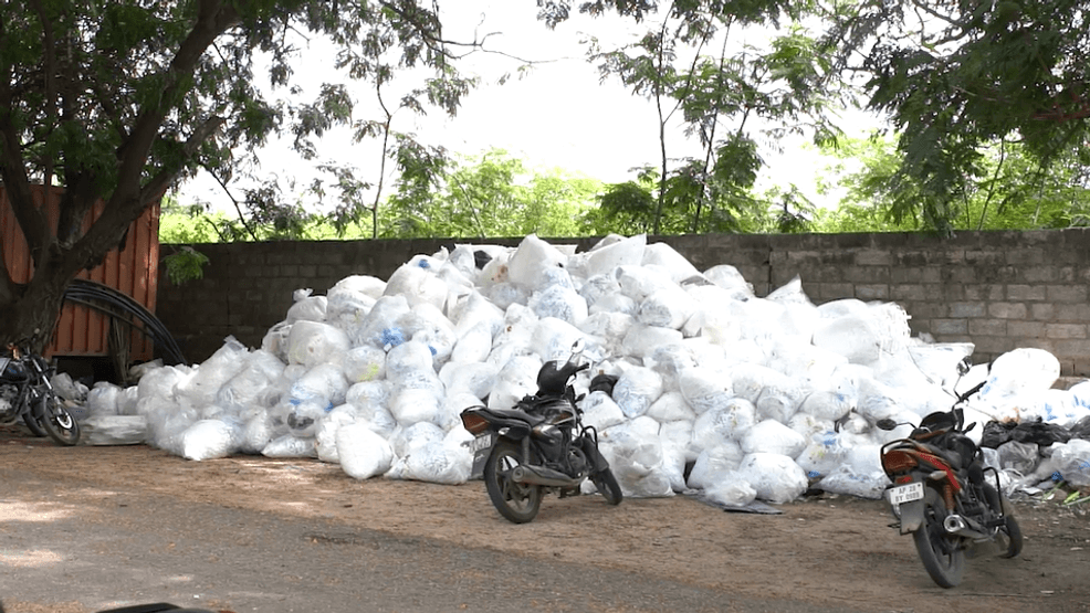 Dozens of bags of shredded records sit outside the Aurobindo facility (Photo: SBG)