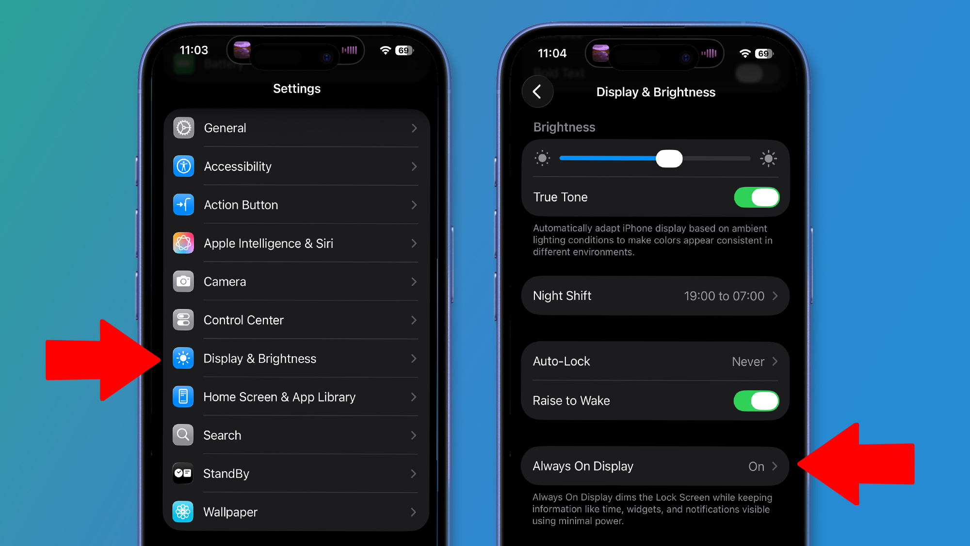 Two iPhones on a green and blue background showing iOS 26 battery settings