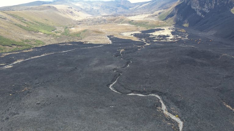 Drone footage shows large tracts of Tongariro National Park blackened with ash from the wildfire
