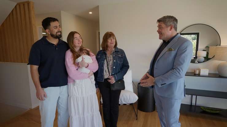 Host Paul, right, scours Auckland's North Shore with three generations of house-hunters: mum Lynne, daughter Caroline, and son-in-law Medi. Photo / Supplied