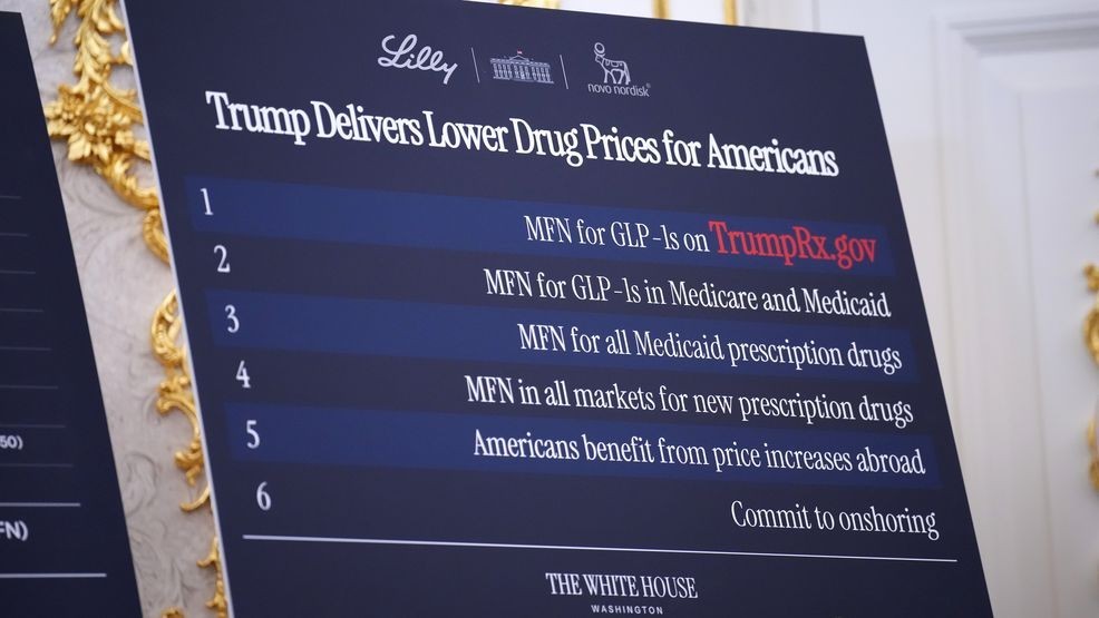 WASHINGTON, DC - NOVEMBER 06: A chart addressing drug availability is displayed as U.S. President Donald Trump delivers remarks on lowering drug prices in the Oval Office at the White House on November 06, 2025 in Washington, DC. Trump announced that his administration has reached agreements with drugmakers Eli Lilly and Novo Nordisk that would lower the price of some GLP-1 weight loss medications. (Photo by Andrew Harnik/Getty Images)
