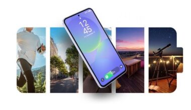 Samsung Galaxy A36 5G in front of battery shape segmented into lifestyle images