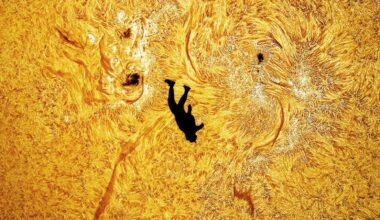 A close up image of the silhouette of a skydiver against the fiery surface of the sun