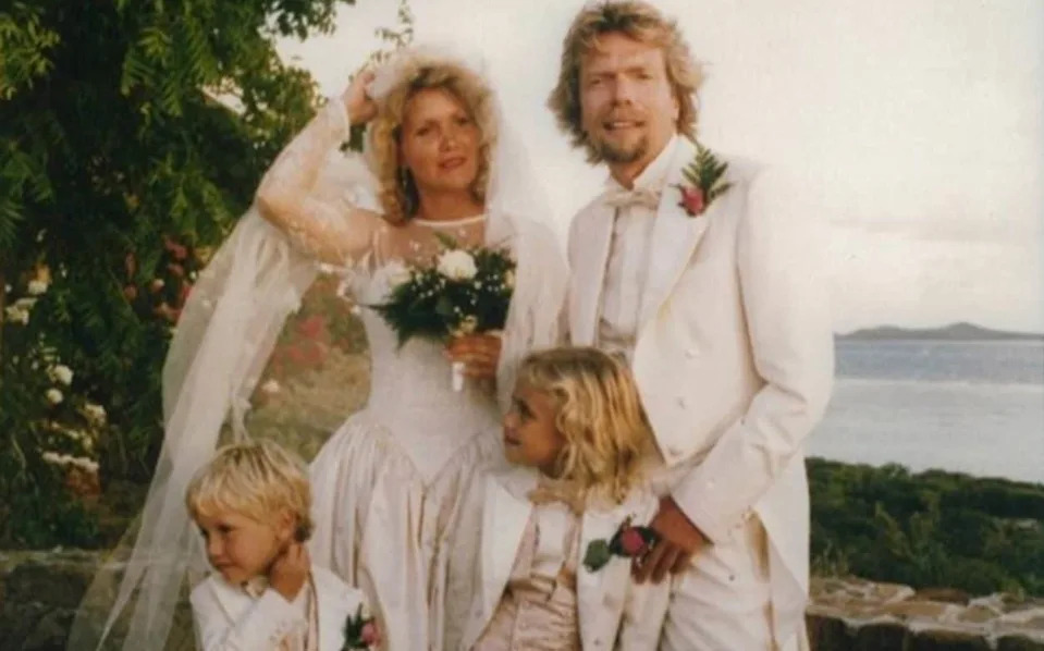 Sir Richard and Lady Branson, with their children Holly and Sam, on their wedding day in 1989 on Necker Island