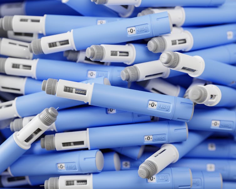 A pile of injectors for GLP-1 weight loss drugs