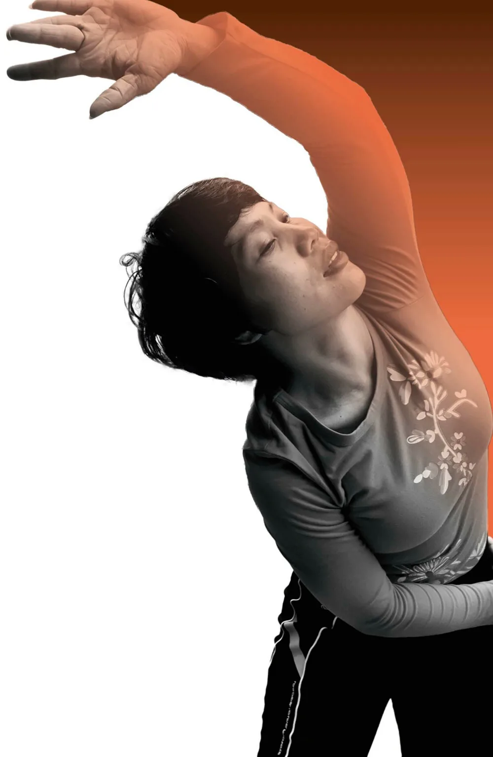 Photo of a person stretching their left arm above and around their head