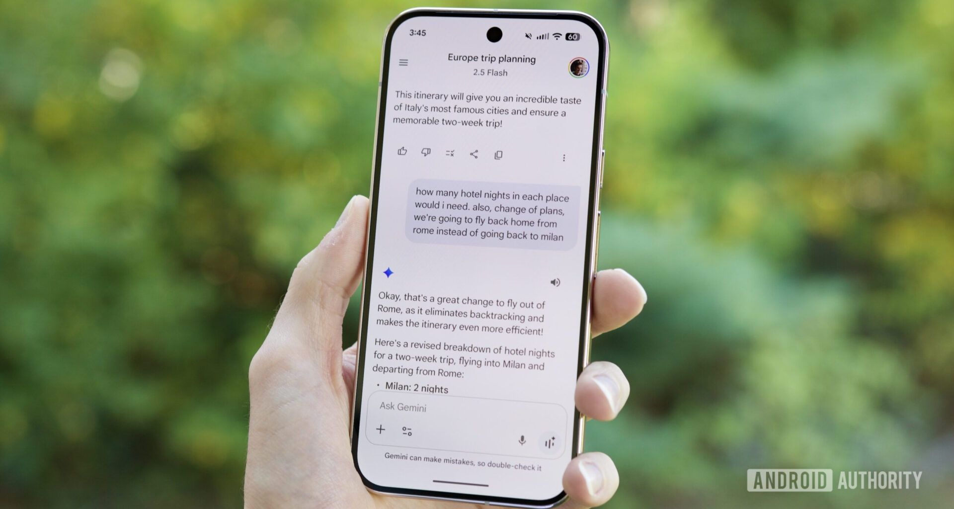 Gemini app running on a Pixel, showing a conversation about planning a European vacation.