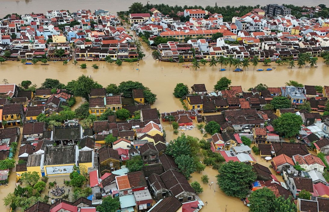 Floodwaters inundating streets following heavy rains in Hoi An, Vietnam, on October 30, 2025.