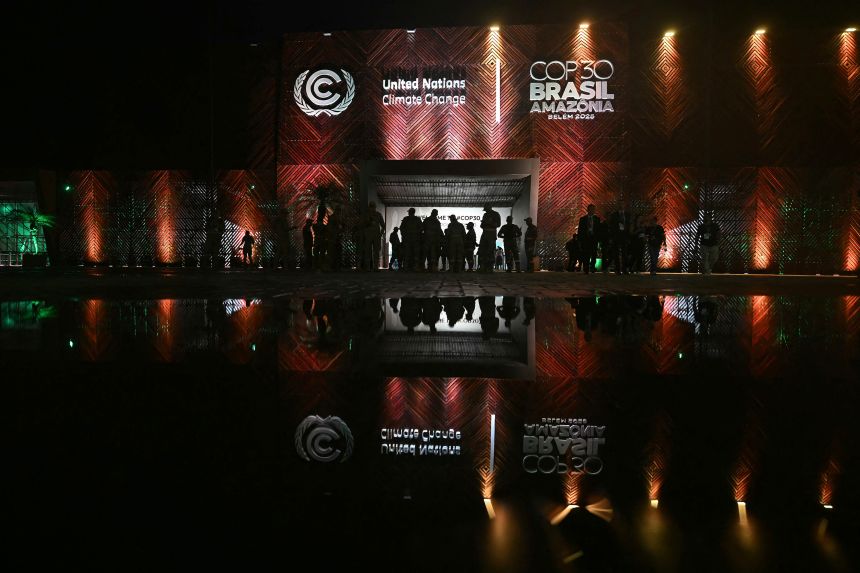 The main entrance of the COP30 UN Climate Change Conference at night in Belem, Para State, Brazil on November 7, 2025.