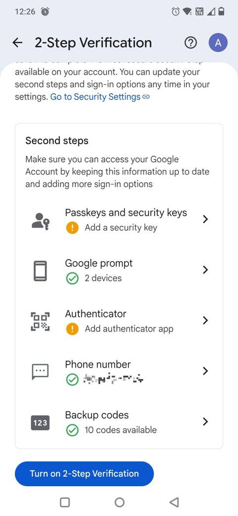 Screenshot showing the 2-step veerification screen on Android