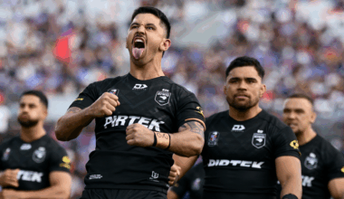 Jeremy Marshall-King of the Kiwis peforms the haka ahead of the Men's Pacific Championships match between New Zealand Kiwis and Toa Samoa at Go Media Stadium on October 19, 2025 in Auckland, New Zealand.