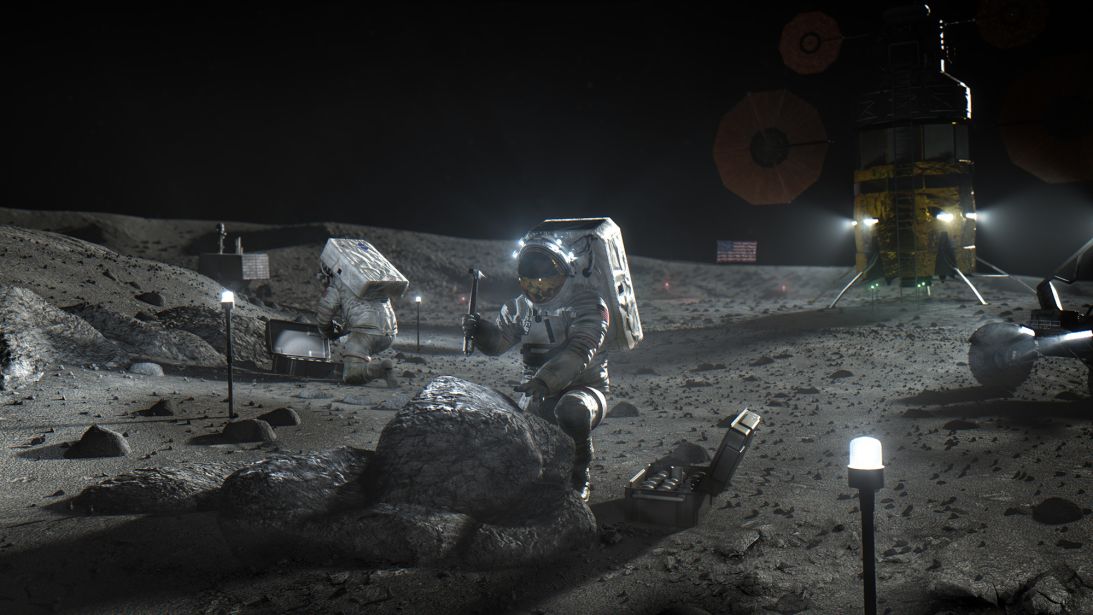 This artist’s illustration depicts NASA Artemis astronauts working on the moon.